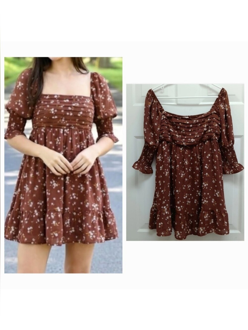 Babydoll Milkmaid Smocked Mini Dress Brown Medium Floral Boho Fairy Cottagecore